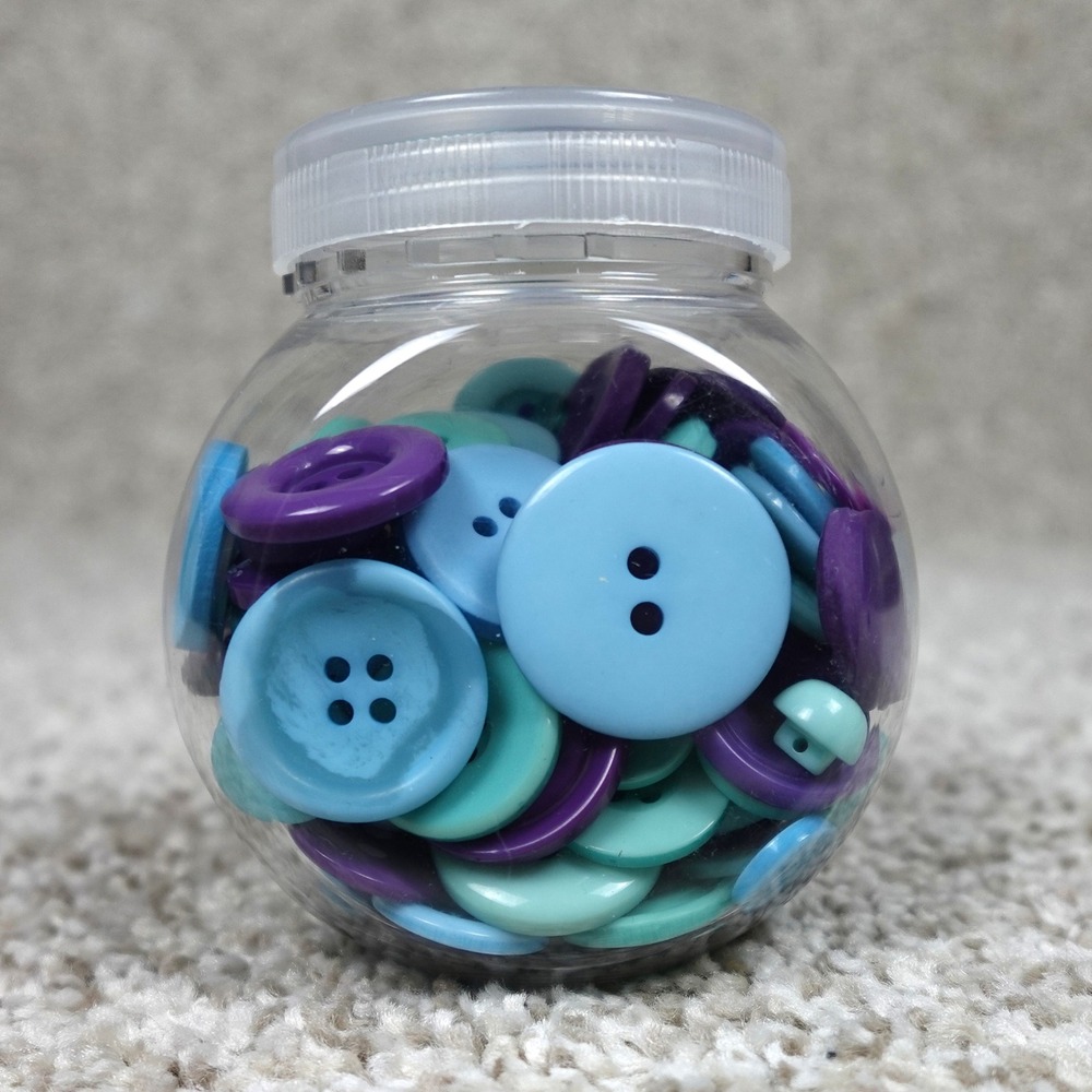 Blue Purple Teal Assorted Craft Buttons 4oz Jar Mixed Sizes 2 & 4 Hole 540001007